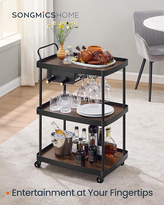 SONGMICS HOME Bar Cart, Home Bar Serving Cart with 3-Tier Shelf, Flexible Wine Bottle Rack and Glass Holder, Drink Beverage Cart, Microwave Cart, Kitchen, Natural Walnut and Ink Black ULRC291B01