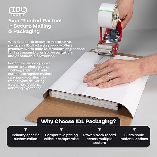 White Mailing Boxes 12"x10.5"x2", Pack of 10, USA-Made - Strong, Easy to Fold Cardboard Boxes for Secure Storage, Shipping and Moving - Water-Resistant and Snug Fit Cardboard Mailers by IDL Packaging