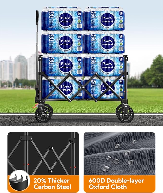 Wagons Carts Foldable, Collapsible Foldable Wagon 330lbs Capacity, 180L Large Capacity Wagon with All-Terrain Wheels,Heavy Duty Utility Wagon Cart with Brakes for Beach Camping Shopping, Grey