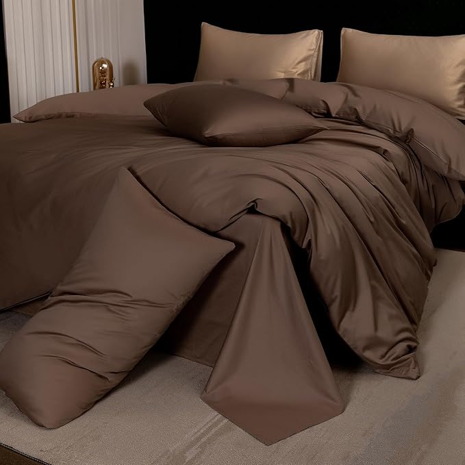 MooMee Duvet Cover Set 100% Extra Long Staple Cotton 600 Thread Count Silky Sateen Smooth Luxury Soft Breathable Durable Hotel Quality Bedding, 3 Piecess (Chocolate Brown, Oversized King 120"x98")
