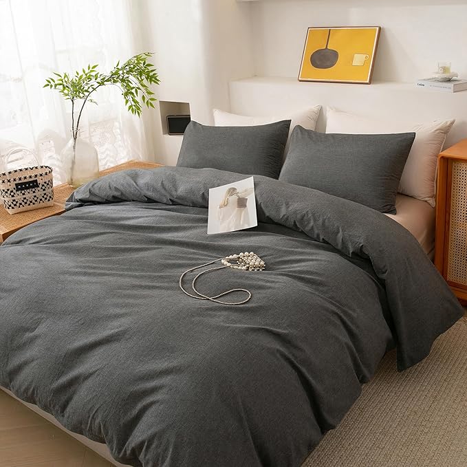 ECOCOTT Duvet Cover Set, 100% Washed Cotton Linen-Like Textured Soft & Breathable, Durable Comfy Bedding Set for All Seasons (Grey, Full)