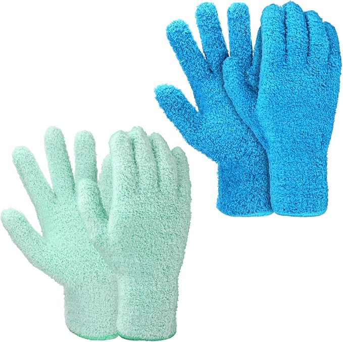 2 Pairs Microfiber Gloves for Plants Reusable Washable Plant Dusting Gloves House Leaf Cleaning Glove for Plants House Cleaning Car Blinds Lamps (Blue, Green)
