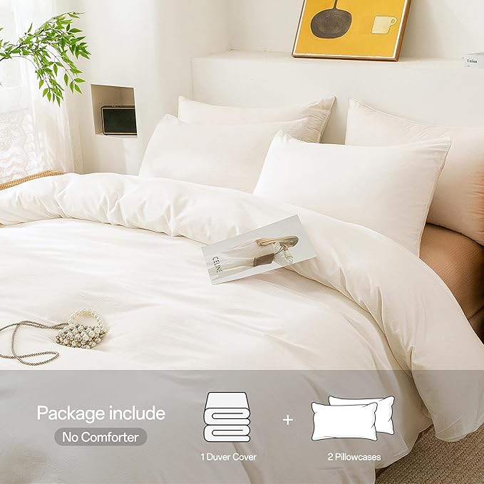 ECOCOTT 100% Washed Cotton Duvet Cover Twin Size – Soft & Breathable Linen Feel Bedding Set, 3 Pieces White Comforter Cover with Zipper Closure for All Seasons