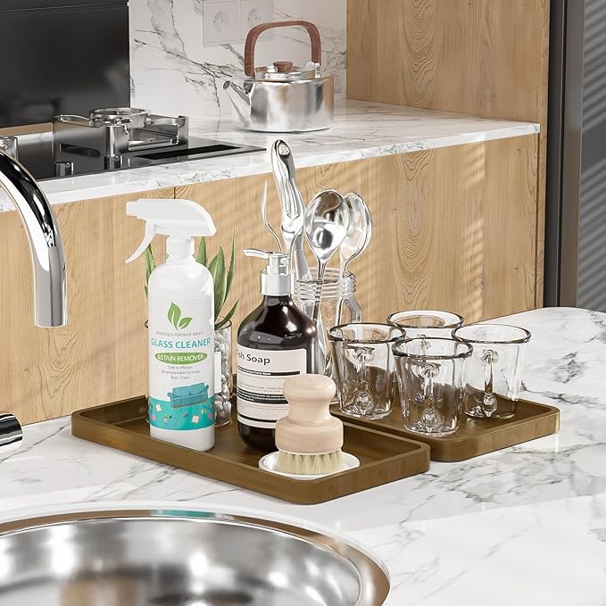 Weenson Bathroom Vanity Tray for Countertop Makeup Jewelry Perfume Decor Candle, Bamboo Kitchen Tray for Soap Dispenser Spice Salt Oil, Brwon Tray for Toilet Tank Coffee Nightstand Set of 2