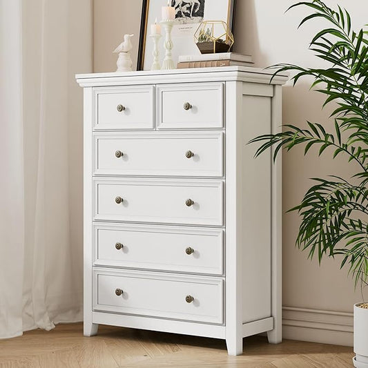 White Dresser for Bedroom, 6 Chest of Drawer, 6 Drawers Dresser Tall, Farmhouse Storage Drawers Cabinet for Living Room,Filing Cabinet for Home Office