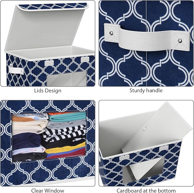 Univivi Fabric Foldable Storage Boxes [4-Pack] Large Collapsible Stackable Storage Bins with Lids, Closet Organizers and Storage Cube Basket for Home, Office, Bedroom (Blue Lantern, 17”x 12” x 12”)