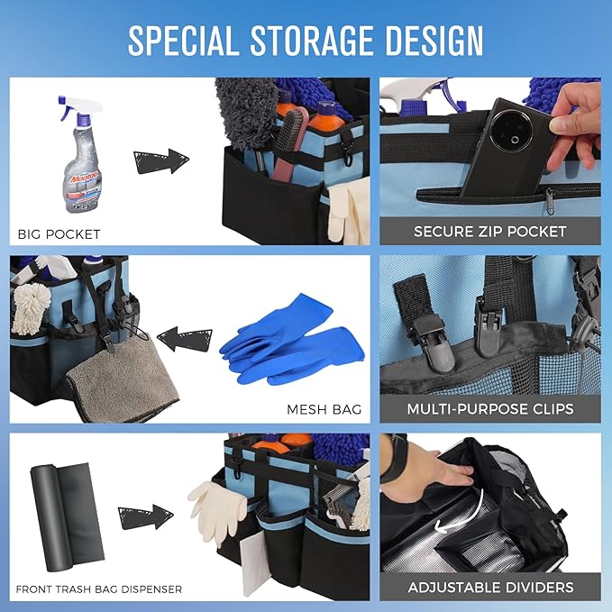 Wearable Cleaning Caddy, Cleaning Caddy Supplies Organizer with Handle & Shoulder Straps for Housekeepers, Under Sink & Car Cleaning Tool Organizers Bag with 4 Foldable Divider (Blue)