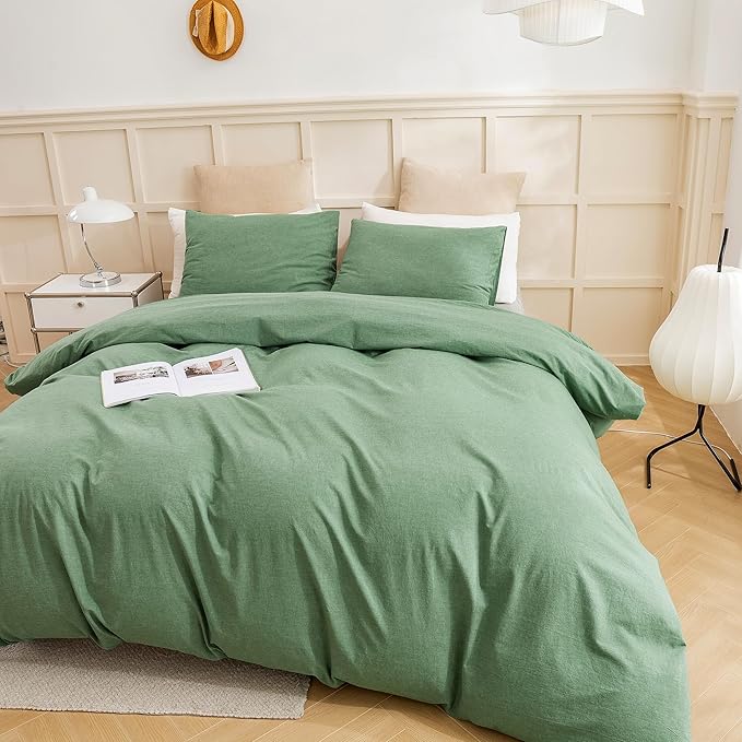 ECOCOTT Sage Green Duvet Cover Full Size, 100% Washed Cotton 3-Piece Bedding Set - Ultra Soft, Breathable & Easy Care with Zipper Closure and 2 Pillowcases (No Comforter)
