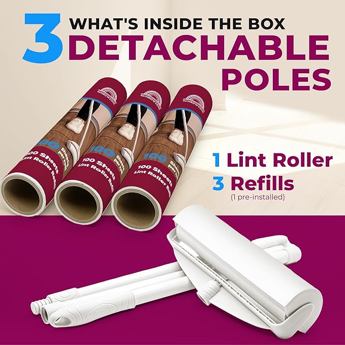 RainbowZone Large Lint Roller with 3 Refills, 9.5" Extra Wide – Total 300 Super Sticky Sheets – Extendable Long Handle Lint Roller for Pet Hair Removal, Furniture, Carpet & Household Cleaning