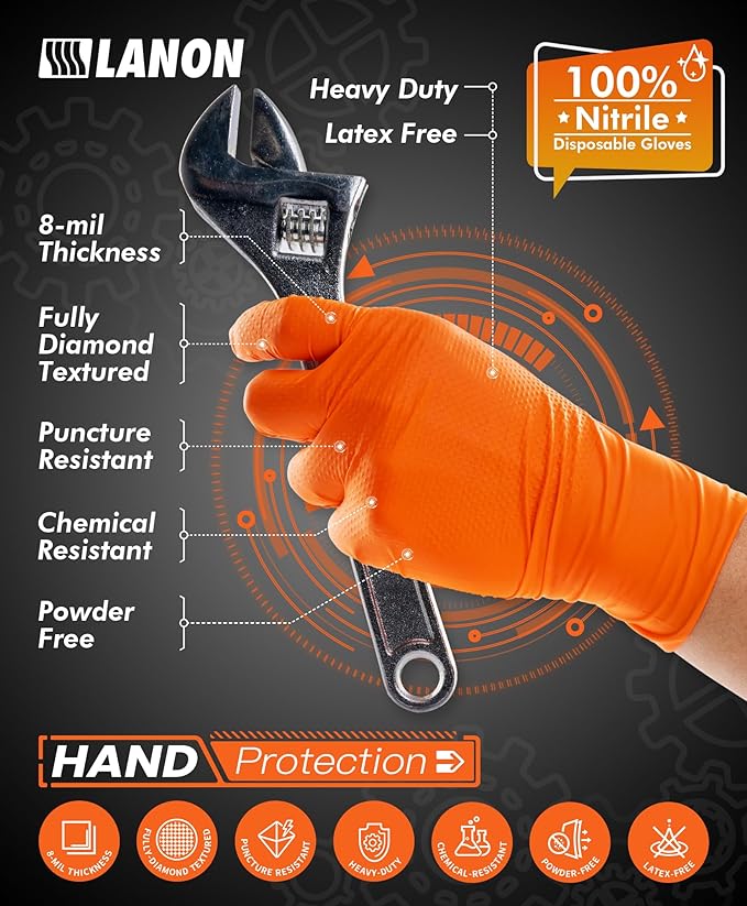 LANON 8mil Orange Disposable Nitrile Gloves, Mechanic, Heavy Duty, Food Safe, Latex Free, Powder Free, Fully-Diamond Textured, XL