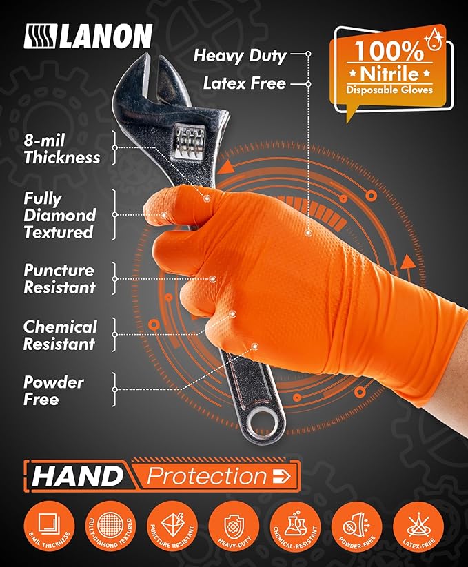 LANON 8mil Orange Disposable Nitrile Gloves, Mechanic, Heavy Duty, Food Safe, Latex Free, Powder Free, Fully-Diamond Textured, Large