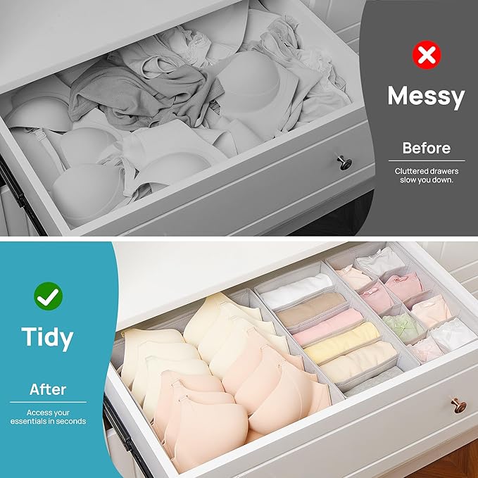Vtopmart 4 Pack Underwear Drawer Organizers Set, 6+7+8+24 Cells Clothes Drawer Dividers Dresser Organizers Bins for Socks, Bras, Scarves, Ties, Non-Woven Fabric Storage Boxes for Closet, Nursery