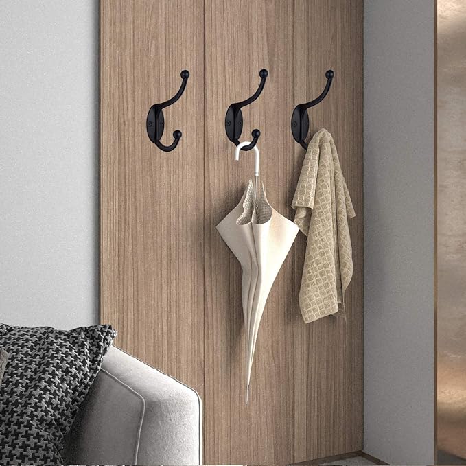ZEYU Wall Hooks,10Pcs Coat Hooks Hardware Towel Hooks for Hanging Coats Double No Rust Black Robe Hooks Wall Mounted with Screws for Key, Towel, Bags, Cup, Hat