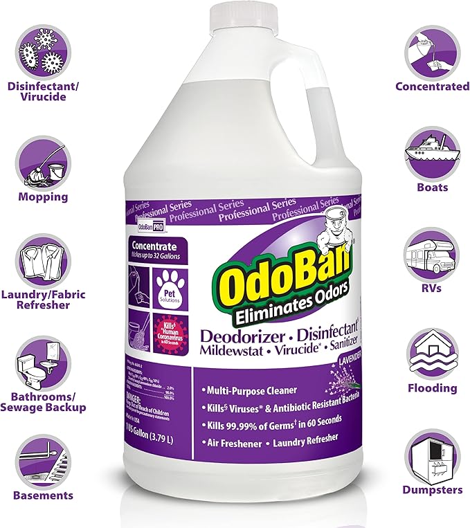 OdoBan Professional Disinfectant and Odor Eliminator Concentrate, Made in the USA, Lavender Scent, 4-Pack, 1 Gallon Each