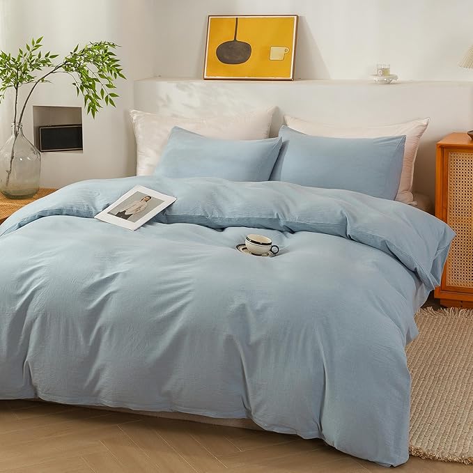 ECOCOTT Light Blue Duvet Cover Full Size - 100% Washed Cotton Durable Soft Comfy Duvet Cover Set, 3 Pieces Duvet Cover with Zipper Closure (80''x90'')