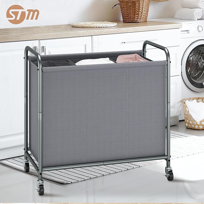 STORAGE MANIAC Rolling Laundry Hamper, 165L Laundry Basket with Lockable Wheels, Triple Clothes Sorter Cart, 3 Bag Clothes Separator Hamper for Closet, Bathroom, Laundrys Room, 3 Section Gray