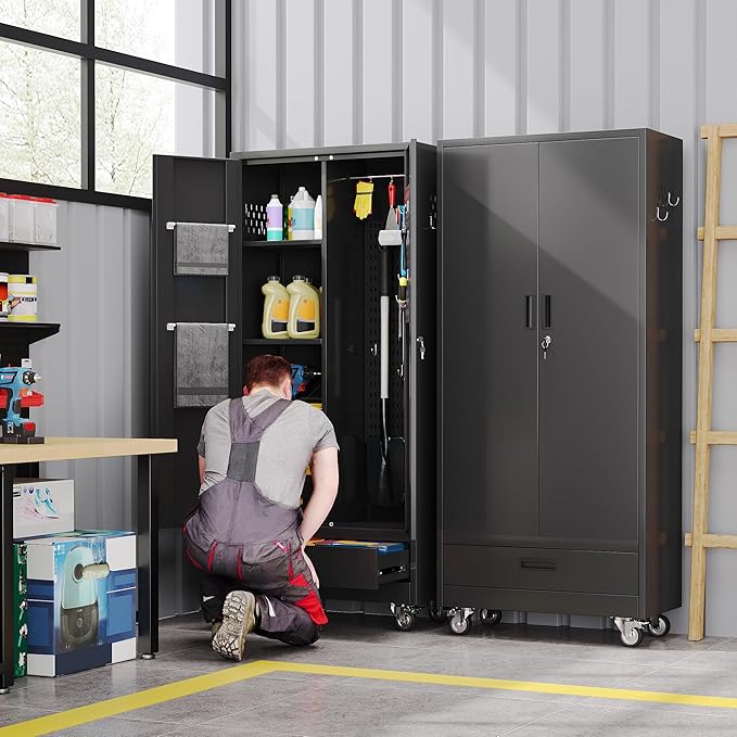 SUXXAN Broom Closet with Wheels 71"x 31.5"x15.75", Metal Cleaning Cabinets with Drawer Hooks and Hanging Rods, Lockable Cabinet with Pegboard, Adjustable Shelf,for Garage, Laundry Room