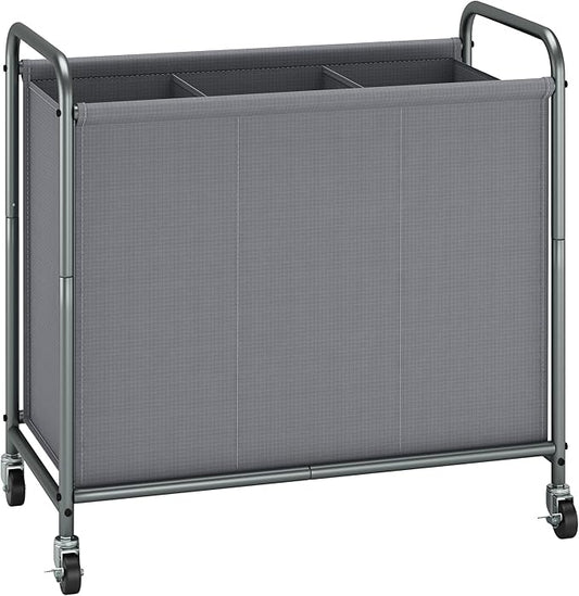STORAGE MANIAC Rolling Laundry Hamper, 165L Laundry Basket with Lockable Wheels, Triple Clothes Sorter Cart, 3 Bag Clothes Separator Hamper for Closet, Bathroom, Laundrys Room, 3 Section Gray