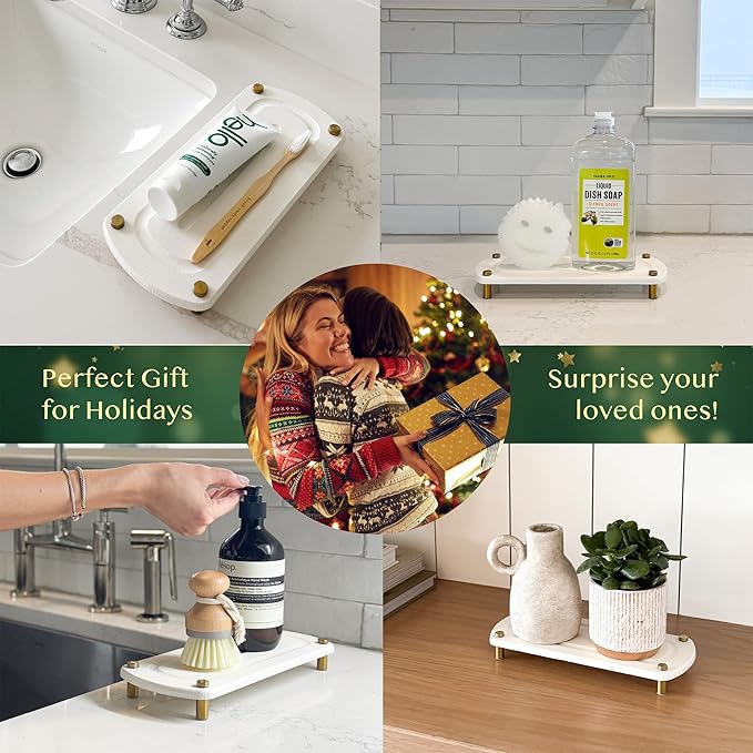 2PCS Water Absorbing Stone Soap Tray for Kitchen Bathroom Sink, Quick Dry Diatomaceous Earth Drying Rack and Shower Caddy, Soap Dispenser and Sponge Holder Organizer for Countertop, TWINKLE MOMENT; Pure White