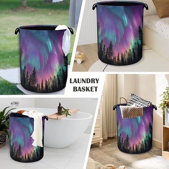 Aurora Forest Laundry Basket,Foldable with Handles Tote Bag Oxford Cloth for Bathroom Bedroom Dirty Clothes Storage Bucket 16" x 20.8"