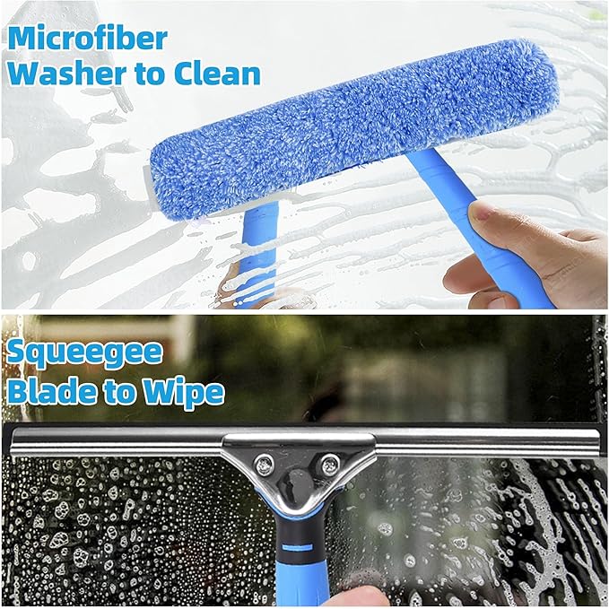 Squeegee with Shelf Storage for Window Cleaning,Window Cleaning Squeegee kit with Bucket&Microfiber Scrubber,Bathroom,Shower Doors,Mirrors,Tiles,and Car Windows Blue