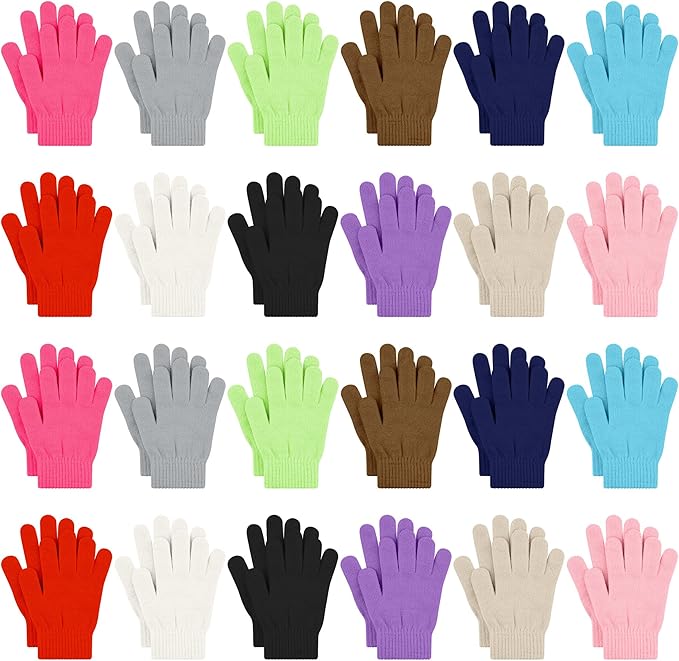 Cooraby 24 Pairs Kids Gloves Winter Magic Gloves Warm Knitted Stretchy Full Fingers Glove for 6-11 Years