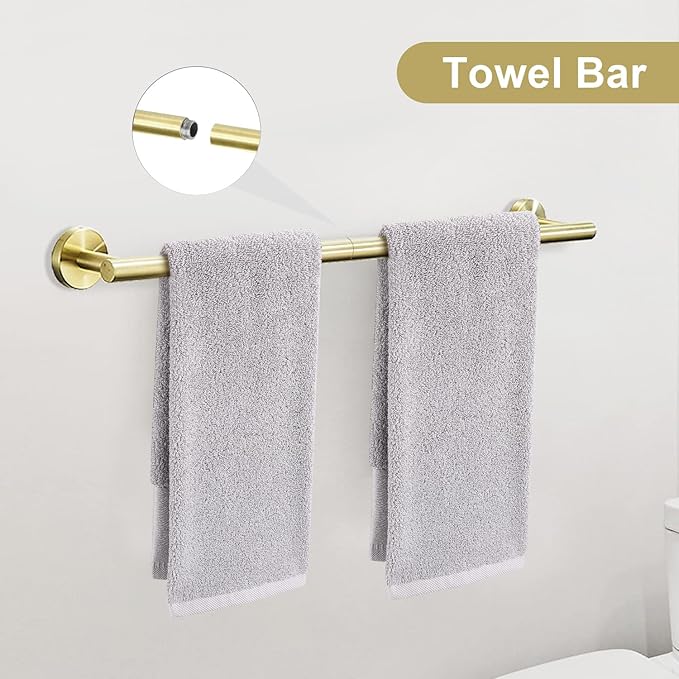 TURS Brushed Gold Bathroom Hardware Set 5 Piece, SUS304 Stainless Steel Bath Towel Bar Set, 24 Inch Bathroom Accessories Kit Wall Mounted