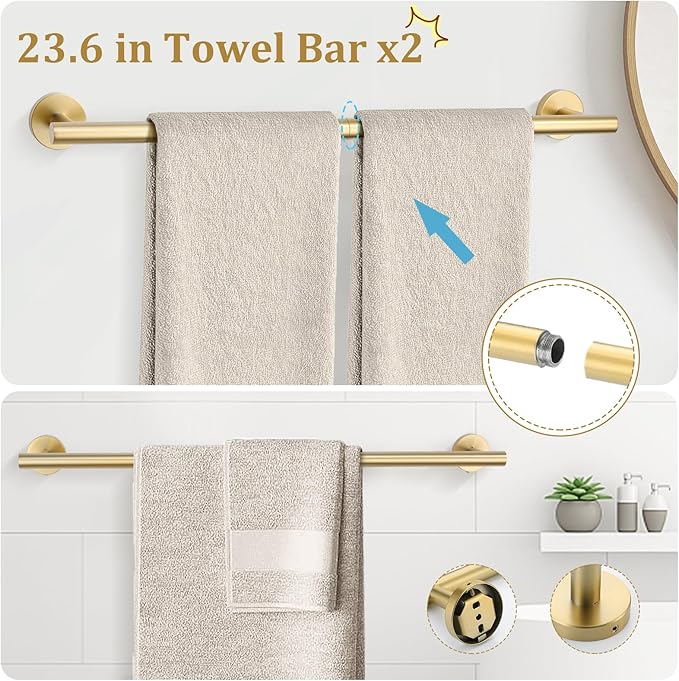 TURS Brushed Gold 10 Pieces Bathroom Hardware Set, SUS304 Stainless Steel 24 Inch Bath Towel Bar Set, Round Bathroom Accessories Kit Wall Mounted