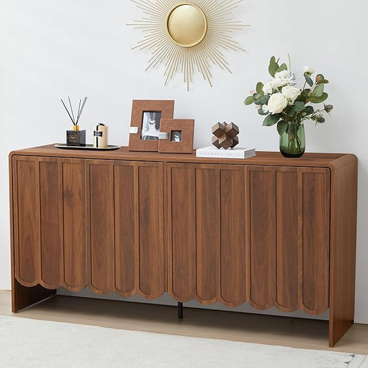 ORRD Sideboard Buffet Cabinet, Accent Storage Cabinets with 4 Doors, Farmhouse Wood Cabinet with Adjustable Shelves and Wave Panel for Living Room, Dining Room, Entry - Walnut