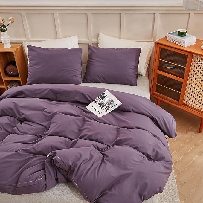 ECOCOTT Lilac Purple Duvet Cover King Size, 100% Washed Cotton 3 Piece Bedding Set 1 Duvet Cover with Zipper and 2 Pillowcases, Ultra Soft and Easy Care Breathable Duvet Cover Set ((Lilac Purple,King)