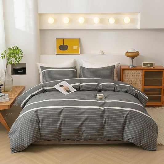 ECOCOTT 3 Pieces Duvet Cover Queen Size, 100% Washed Cotton 1 Duvet Cover with Zipper and 2 Pillowcases, Ultra Soft and Easy Care Breathable Cozy Simple Style Bedding Set(Grey Striped)
