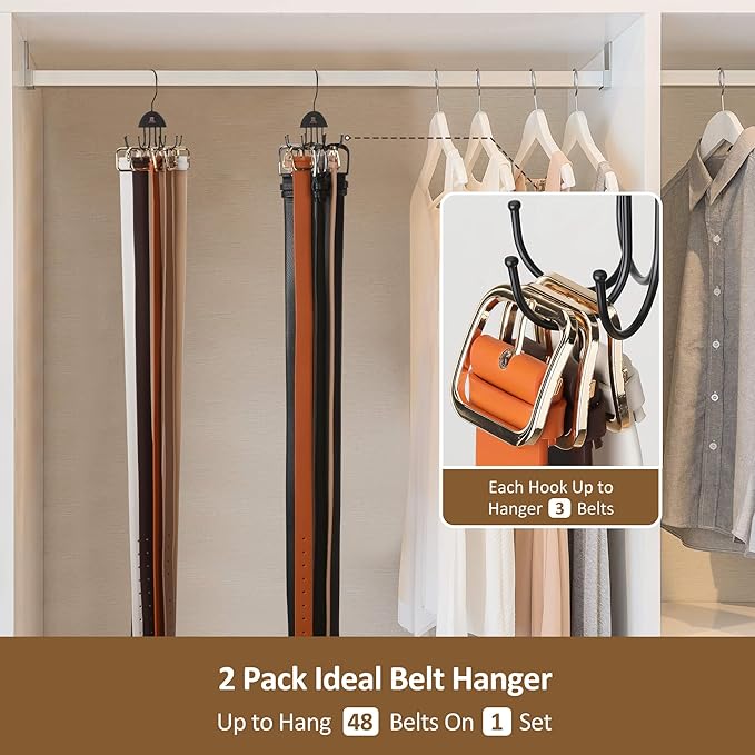 ZEDODIER 2 Pack Belt Hanger Rotatable Belt Organizer, Space Saving Belt Rack with 16 Adjustable Hooks for Closet Organizers and Storage, Sturdy Belt Holder Storage, Black