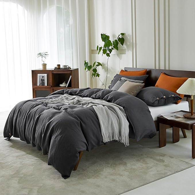 EVERLY 100% Pure Linen Duvet Cover Set Oversized King120X98Inch 3pcs (1 Duvet Cover,2 Pillowcases) Soft and Breathable for All Season with Coconut Button Closure, Suitable for Hot Sleepers-Dark Grey