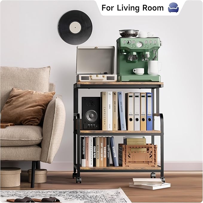 Warmiehomy 24x24 inches Printer Stand with Adjustable Storage Shelf - Large Printer Table with Wheels - 3 Tier Rolling Cart - Use for 3D Laser Printer Mini Fridge Home Office (Brown)