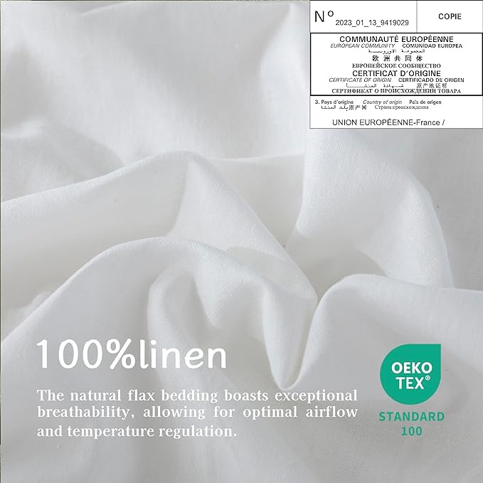 EVERLY 100% Pure Linen Duvet Cover Set Queen Size 90X90Inch 3pcs (1 Duvet Cover,2 Pillowcases) Soft and Breathable for All Season with Coconut Button Closure, Suitable for Hot Sleepers-White-Queen
