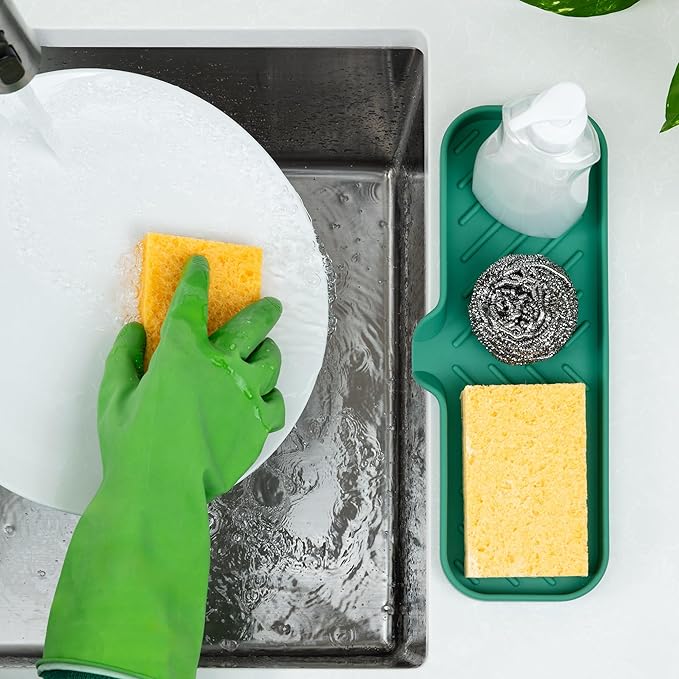 Zulay Kitchen Large Silicone Sponge Holder (12x4) – Flexible Sink Organizer Tray for Kitchen & Bathroom – Multipurpose Soap Dish for Sponges, Makeup, Trinkets & More (Pine Green)