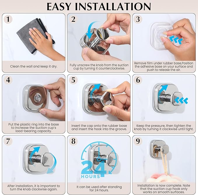 Suction Cup Hooks for Shower - Reusable No-Drill Mounting - Hooks for Towels, Robes & Loofah on Metal, Glass, Mirrors, Tile & Smooth Non-Porous Surfaces (2, Chrome Polished)