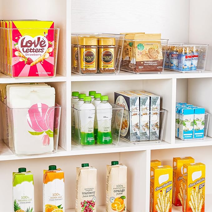 YIHONG 6 Pack Clear Pantry Organizer Bins, Plastic Containers with Handle for Kitchen,Freezer,Cabinet,Closet,Bathroom Under Sink Storage