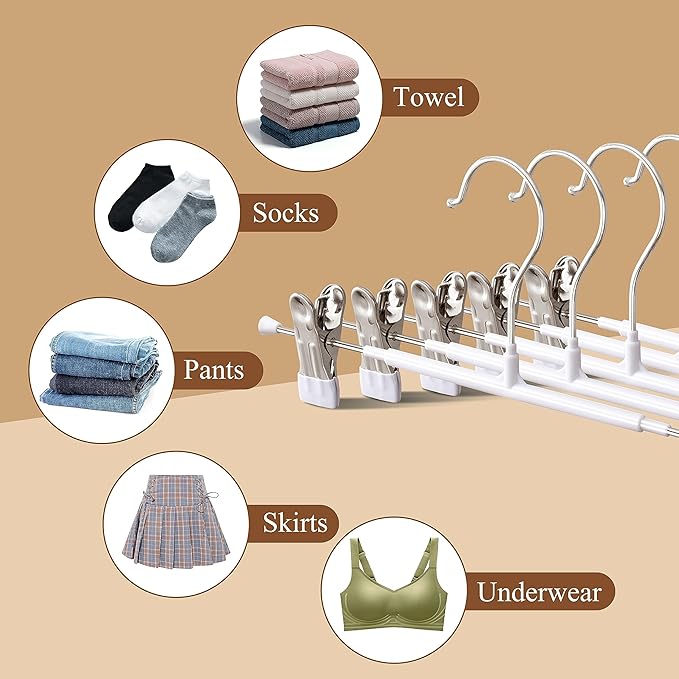 Pants Hangers with Clips 20 Pack Adjustable Skirt Hangers for Women Non-Slip Trousers Hanger for Jeans Clothes Hangers for Pants Heavy Duty Space Saving Shorts Hangers,White,14Inch
