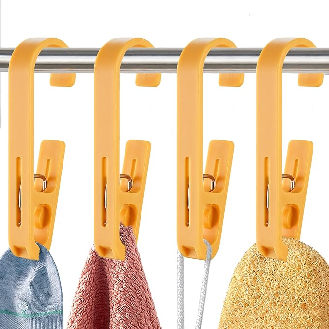 XoYoZo Laundry Hooks with Clips Hanger Closet Organizer Clamps Socks Boot Bras Towels for Bathroom Wardrobe Kitchen Office 4Pcs (Yellow)