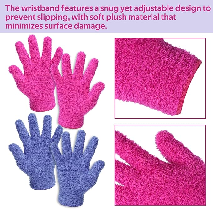 2 Pairs Plant Gloves Dusting, Microfiber Dusting Gloves Reusable Washable Plant Cleaning Glove for Plants, Cars, Blinds, Windows Blue and Rose Red