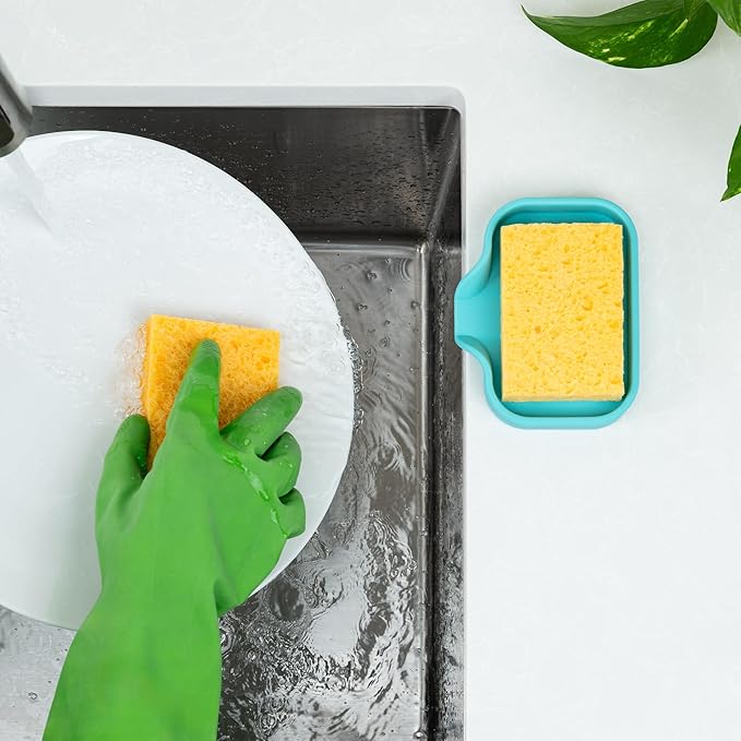 Zulay Kitchen Small Silicone Sponge Holder (4.9x3.3”) – Space-Saving Sink Organizer Tray for Sponge, Soap, Brush & More – Compact Non-Slip Dish for Kitchen & Bathroom (Aqua Sky)