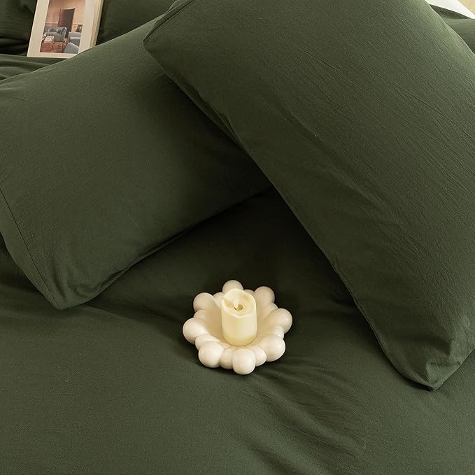 ECOCOTT Army Green Duvet Cover California King Size - 100% Washed Cotton Durable Soft Comfy Duvet Cover Set, 3 Pieces Duvet Cover with Zipper Closure (Army Green, 104''x98'')