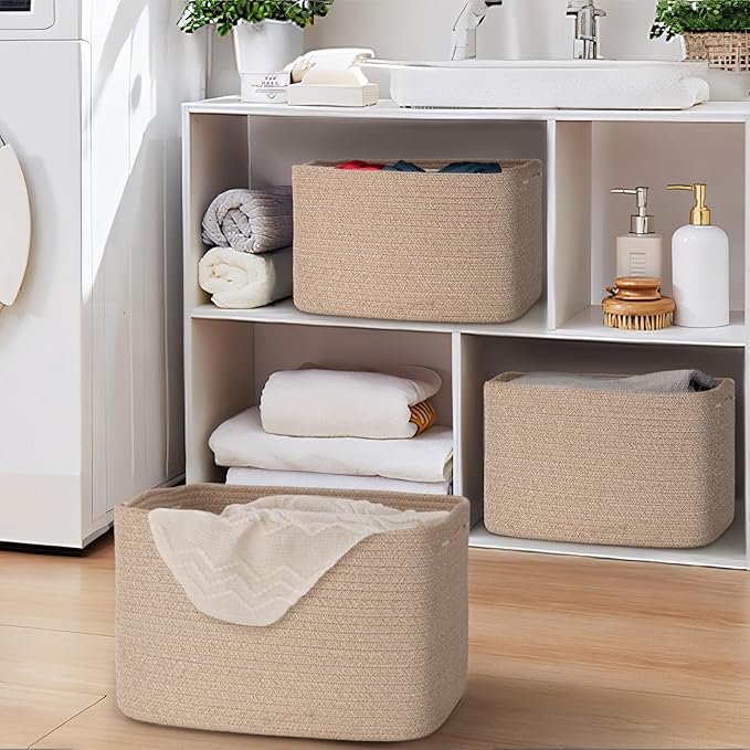 Woven Storage Baskets, Brown Baskets for Organizing, 3 Pack Woven Basket for Storage, Decorative Storage Bins Baskets for Shelves, Towel, Toy, Book, Closet, Baby 14.96"×9.8"×8.85"