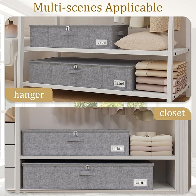 Yawinhe Underbed Bags, Storage Containers Bags with Lid, Foldable Blanket Bins, with Sturdy Zipper und Label Holders, for Clothing, 23.6''Lx11.8''Wx6''H, 2 Pack, Grey