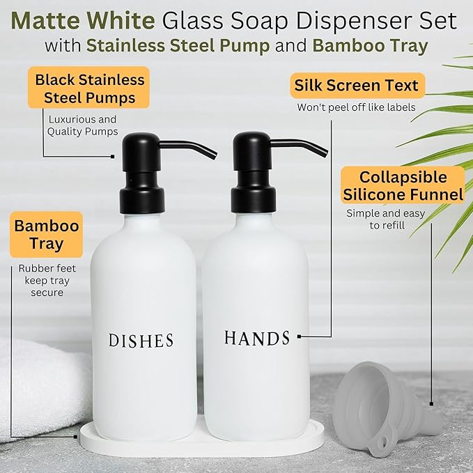 White Glass Hand and Dish Soap Dispenser Set - Modern Farmhouse Sink Accessories - 16 oz Kitchen Sink Set With Tray, Black Pumps & Funnel