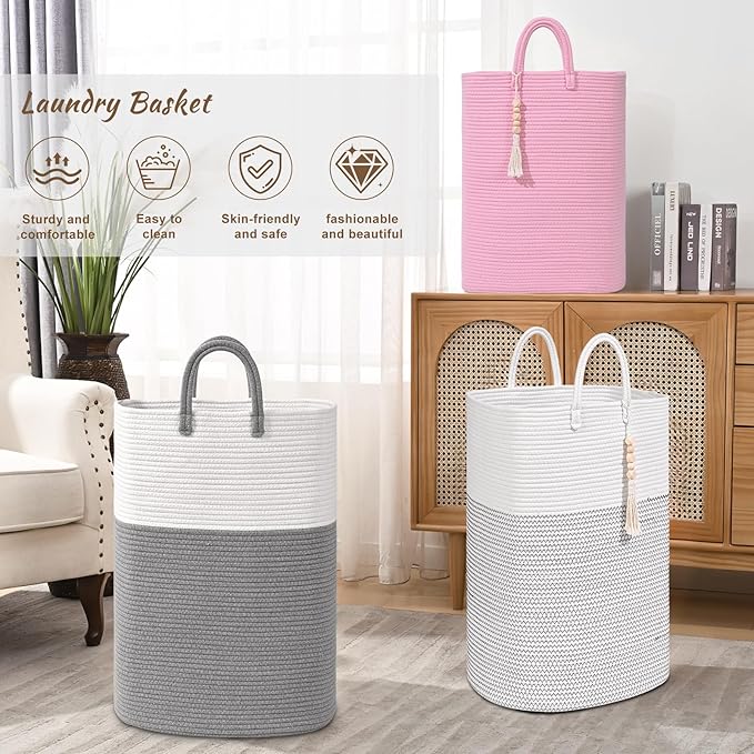 Woven Laundry Basket for Clothes, 50L Large Rectangle Laundry Hampers with Beads Tassel, Nursery Storage Basket for Toys, Tall Dirty Clothes Hamper for Bedroom Aesthetic, Laundry Room Organization
