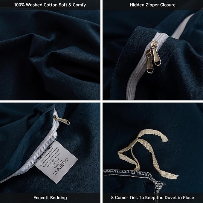 ECOCOTT Navy Blue Duvet Cover Super King Size - 100% Washed Cotton Durable Soft Comfy Bedding Set, 3 Pieces Duvet Cover with Zipper Closure (108''x98'')