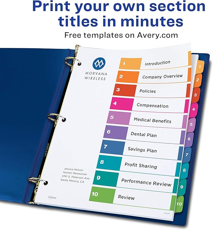Avery Dividers for 3 Ring Binders, 10 Tabs per Set, Customizable Table of Contents, Multicolor Tabs, Great for Organizing Reports, Projects, and More (11135)