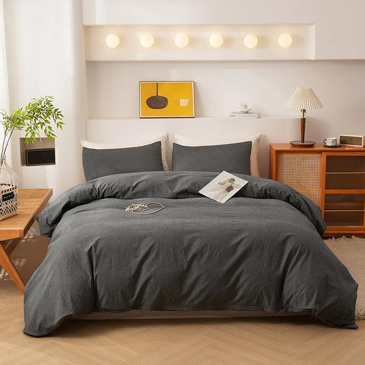 ECOCOTT Grey Duvet Cover King Size, 100% Washed Cotton 1 Duvet Cover with Zipper and 2 Pillowcases, Ultra Soft and Easy Care Breathable Cozy Simple Style Bedding Set (Dark Grey)